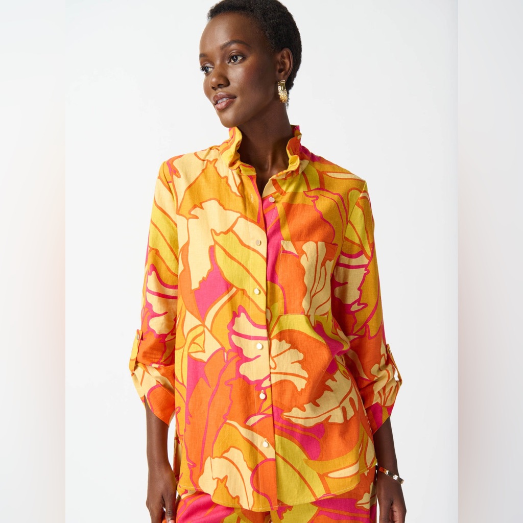 Joseph Ribkoff Linen Blend Floral Print Trapeze Blouse Size 8 Pink Multi Resort